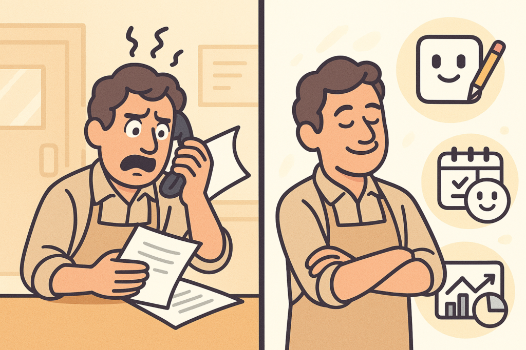 Split illustration showing stressed business owner vs relaxed owner helped by AI tool icons.