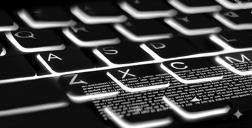 Glowing keyboard with text flowing onto screen symbolizing AI writing assistance.