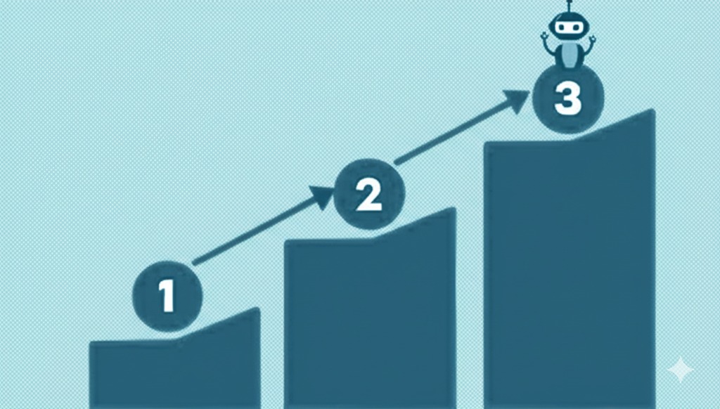 Minimalist graphic showing 3 simple steps leading up to an AI icon, symbolizing easy start.