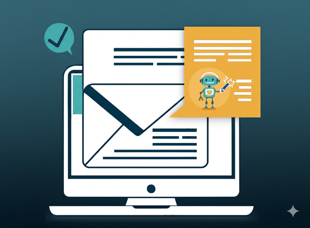 AI icon helping polish an email draft on a computer screen illustration.