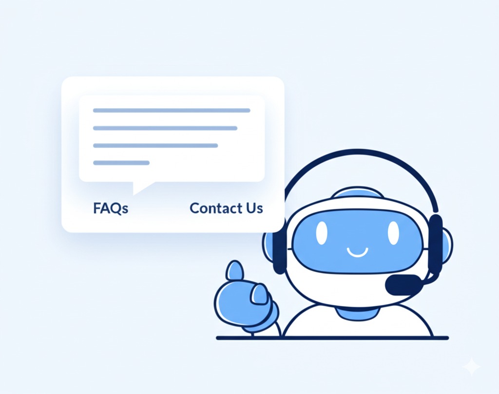 Mock-up of website chat window with friendly AI chatbot offering support options.