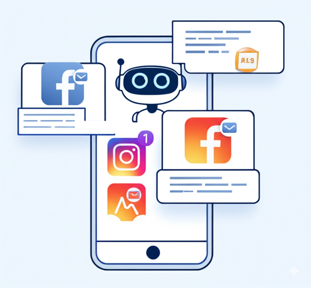 Smartphone screen showing AI icons assisting with various social media marketing tasks.