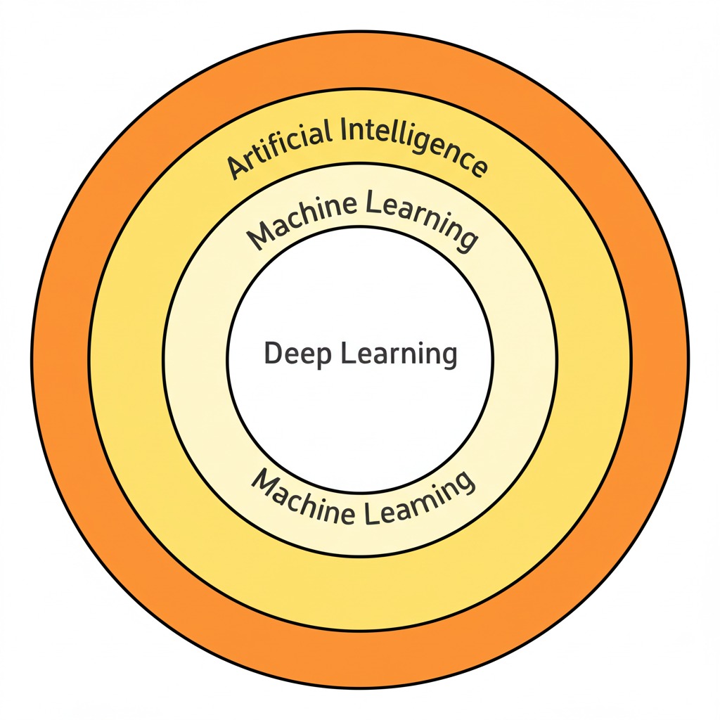 Diagram showing relationship between AI (outer circle), Machine Learning (middle circle), and Deep Learning (inner circle).