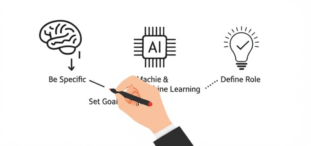 Infographic showing clear instructions (prompt engineering) leading to good results from an AI icon.