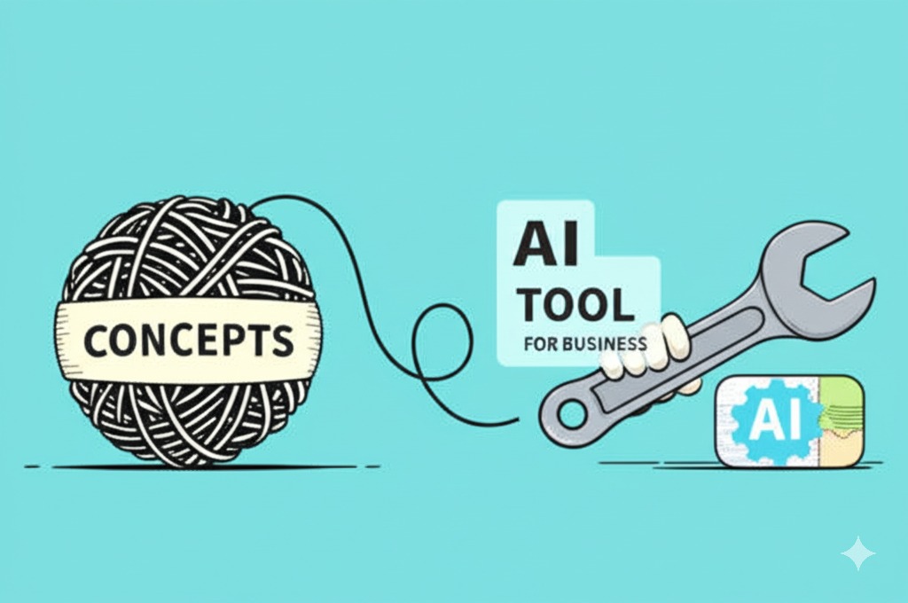 Illustration showing complex AI concepts being simplified into an easy-to-use business tool.
