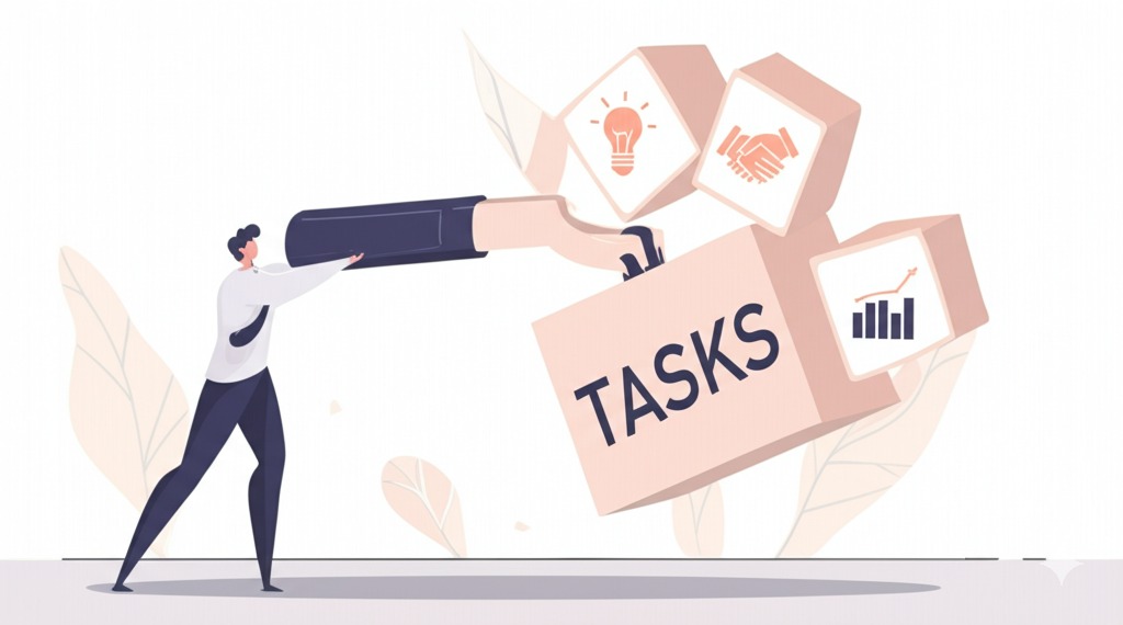 Human figure using AI tool icon as lever to lift tasks, focusing on strategy icons.