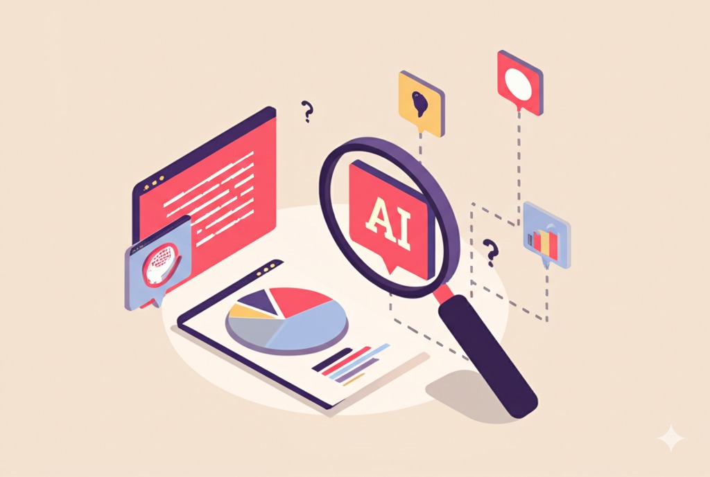 AI magnifying glass analyzing customer feedback and competitor data for market research insights.