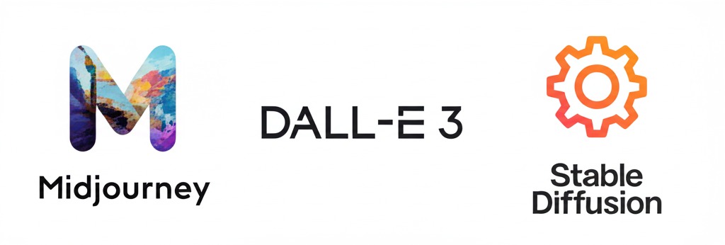 Comparison graphic of Midjourney (artistic), DALL-E 3 (text/accuracy), and Stable Diffusion (customization) AI image generators.