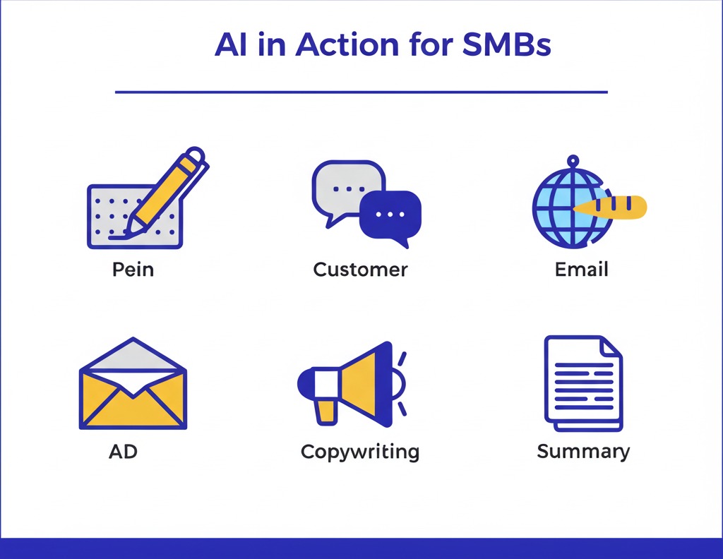 Infographic showing 5 icons representing practical AI uses for small businesses.