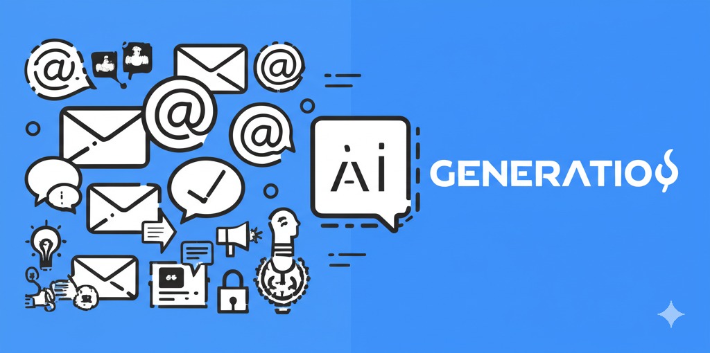 Illustration showing AI generating marketing copy (social, email, ads) based on specific prompts.
