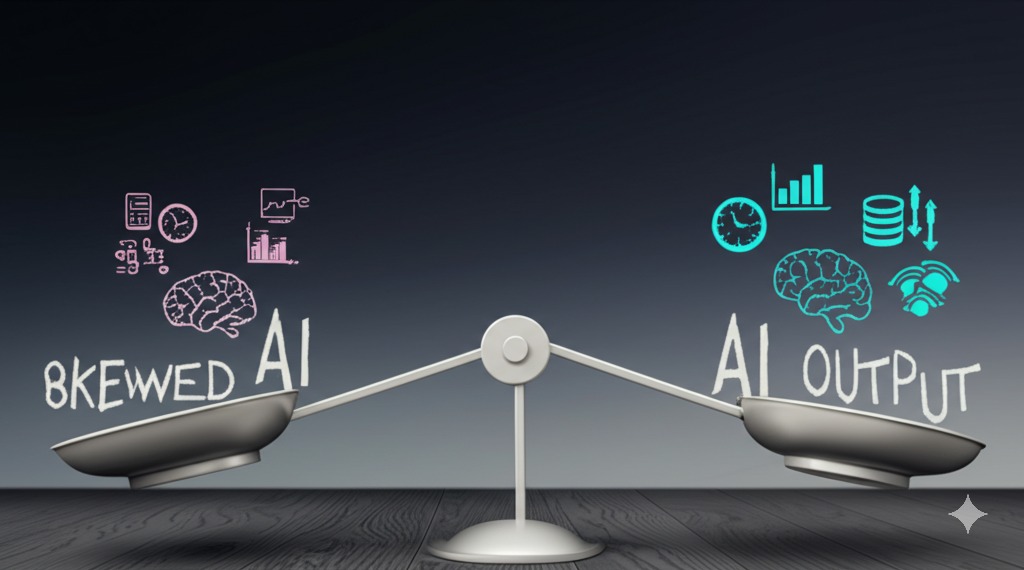 Conceptual illustration showing biased data leading to biased AI output vs balanced data leading to fair AI output.