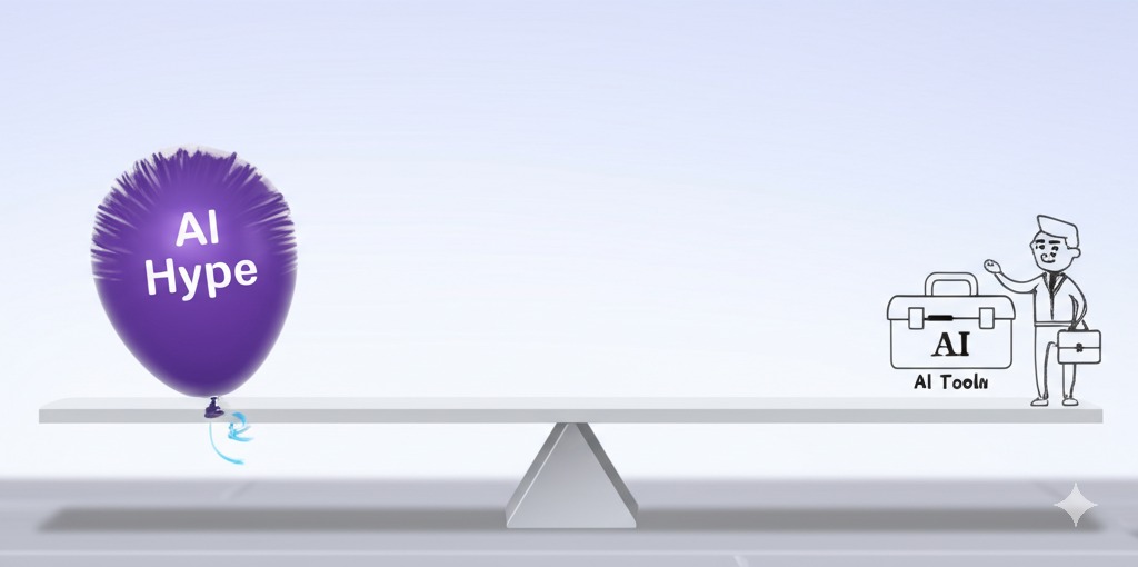 Seesaw graphic balancing AI hype vs practical AI tools for business.